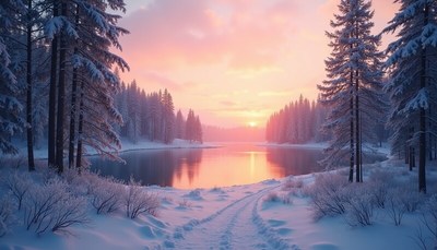 Winter sunset over a tranquil lake in a snowy forest