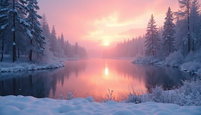 Winter sunset over a peaceful lakeside landscape