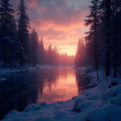 Winter sunrise over a tranquil river in a snowy forest