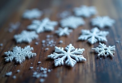Snowflakes scattered on a wooden table surface