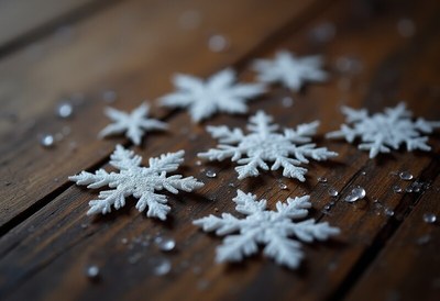 Decorative snowflakes and water droplets on wooden surface