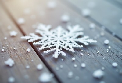 Snowflake resting on wooden surface in winter sunlight