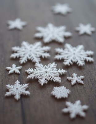 Intricate white snowflakes arranged on wooden table