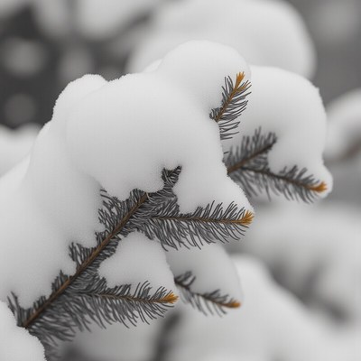 Snow-covered branches in a winter forest scene