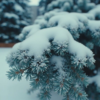 Snow-covered evergreen branches in winter wonderland