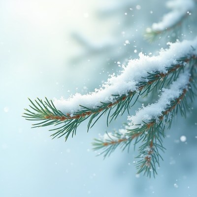 Snow-covered pine branches in winter scene