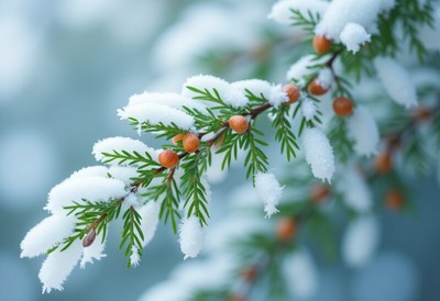 Snow-covered branch with berries during winter season