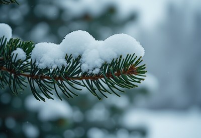 Snow covers pine branches in a winter landscape