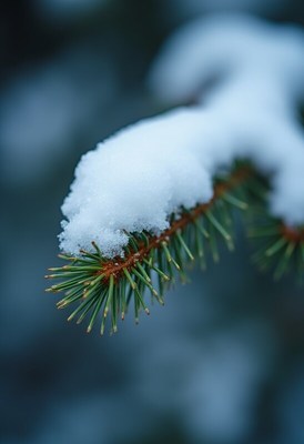 Snow-covered pine branch in a winter landscape