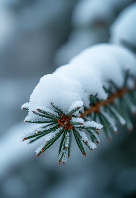 Snow covers pine needles in a winter landscape