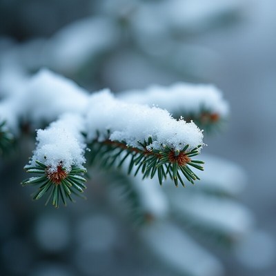Snow-covered pine branch in a winter landscape