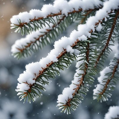 Snow-covered pine branches in a winter landscape