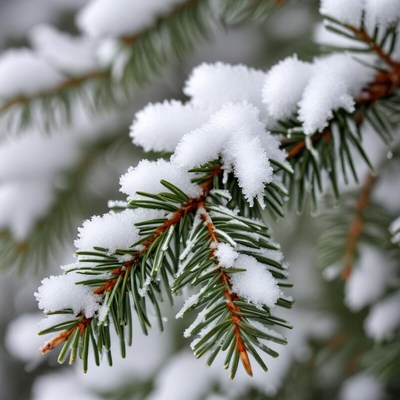 Snow-covered evergreen branches in winter landscape
