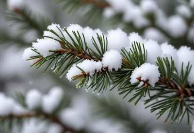 Snow-covered pine branch in a winter landscape