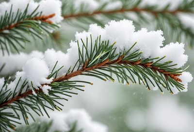 Snow-covered pine branches in winter landscape