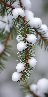 Snow-covered pine branch in winter landscape