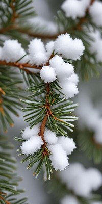 Snow-covered pine branch in winter wonderland scene