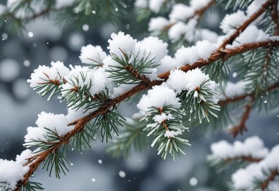 Snow-covered pine branches in a winter landscape