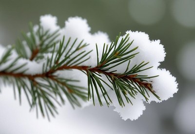 Snow-covered pine branch in winter forest