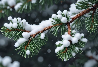 Snow covers evergreen branches in winter scene
