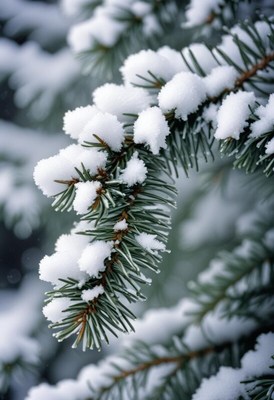 Snow covered pine branches in winter forest