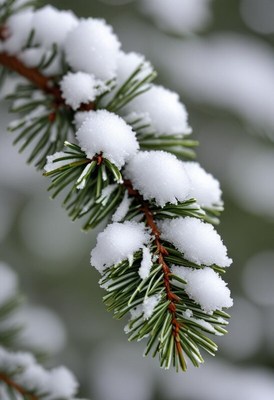 Snow covered pine branch in winter landscape