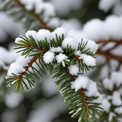 Snow-covered pine branches in a winter landscape
