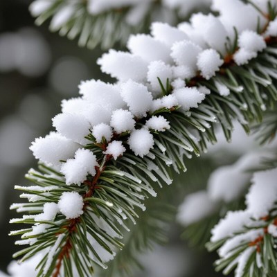 Snow-covered pine branches in winter landscape