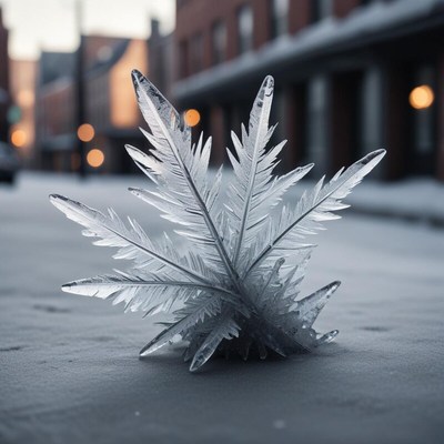 Unique ice sculpture resembling a leaf in winter street