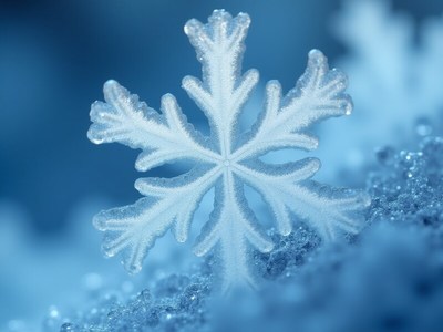 Beautiful snowflake resting on snow at winter dawn