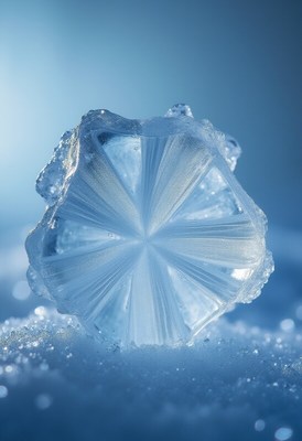 Intricate ice crystal shines in blue light on snow
