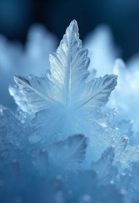 Frosted leaf shines bright in winter's blue light