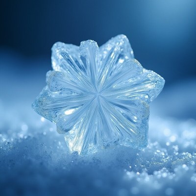 Intricate snowflake close-up in soft blue light