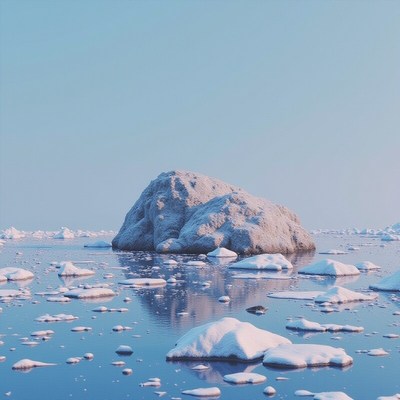 Frozen landscape with ice formations and calm water