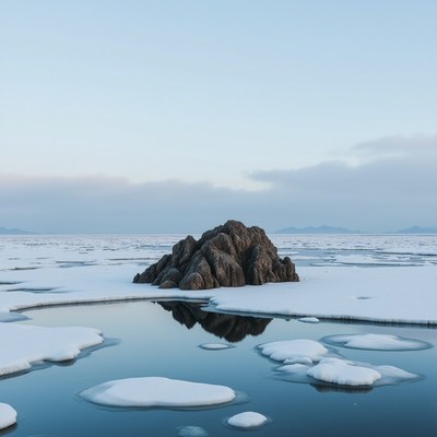 Frozen landscape with rocky outcrop and calm water