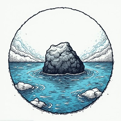 Calm blue waters surround a lone rock formation