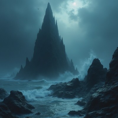 Towering rocky peak rising from stormy ocean waves