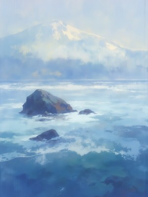 Calm ocean scene with distant mountain under soft clouds