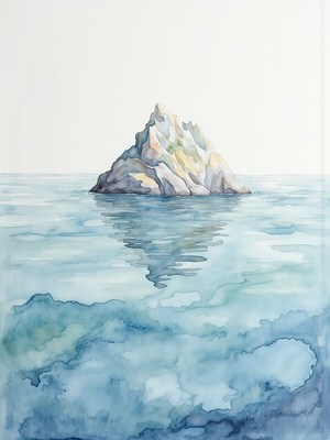 Mountain peak rises from calm blue ocean water