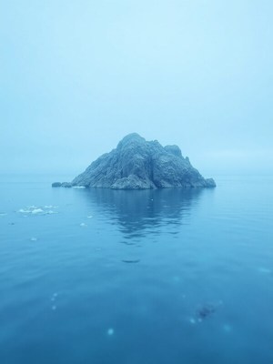 Misty island in calm blue waters at dawn light