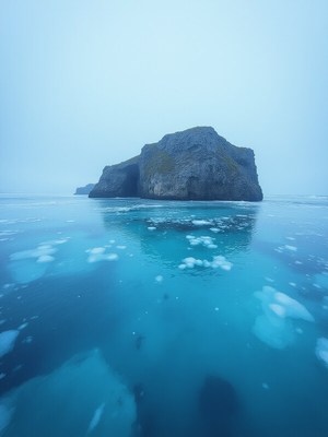 Iceberg and rocky island in calm, misty waters