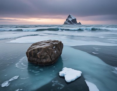 Winter seascape with icy formations and rocky island