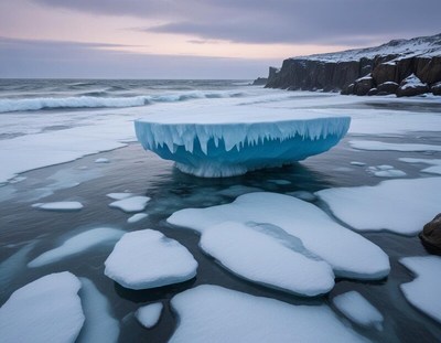 Iceberg floating in calm waters at sunset near cliffs