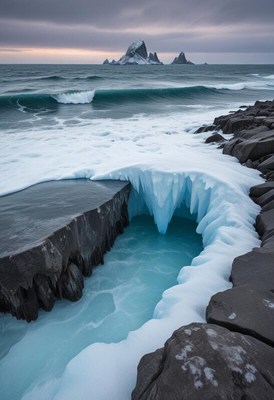Frozen waves crashing against rugged cliffs at sunset