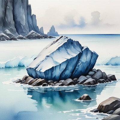 Large ice rock surrounded by calm water and rocky shore