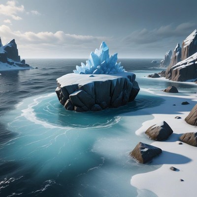 Ice crystal formation on a rocky island in the ocean