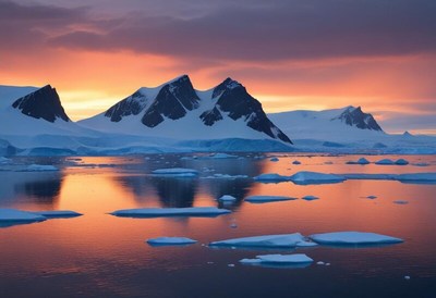 Sunrise over icy mountains in antarctica