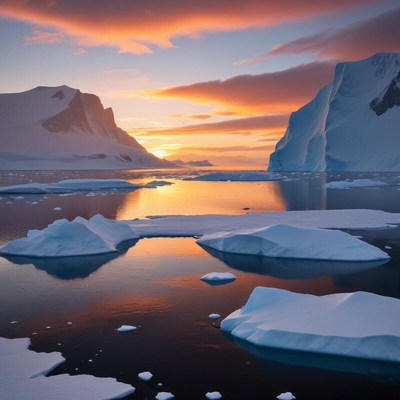 Sunset over icy waters and mountains in antarctica