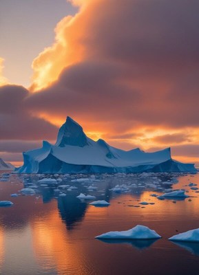 Colorful sunset over icebergs in calm arctic waters