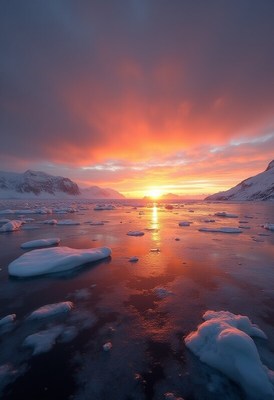 Beautiful sunset over icy waters in a remote location
